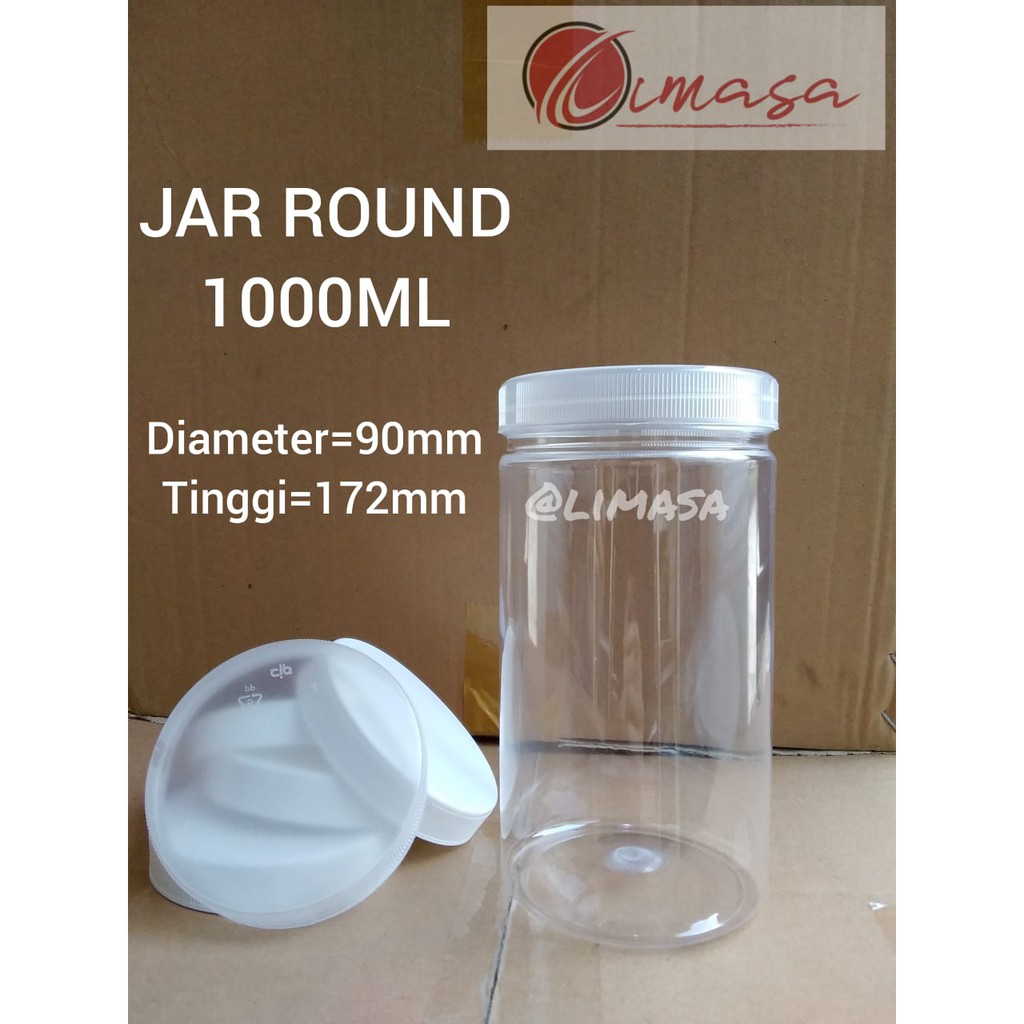 TOPLES TABUNG PLASTIK/TOPLES JAR ROUND 1000ML + TUTUP BENING DAN PUTIH ISI 10PCS