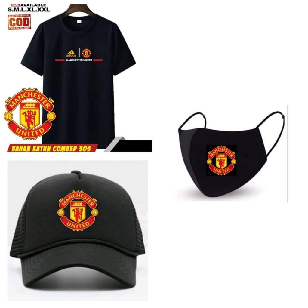 KAOS KATUN COMBAD 30S TOP QUALITY T-SHIRT/MANCHESTER UNITED+TOPI+MASKER KATUN