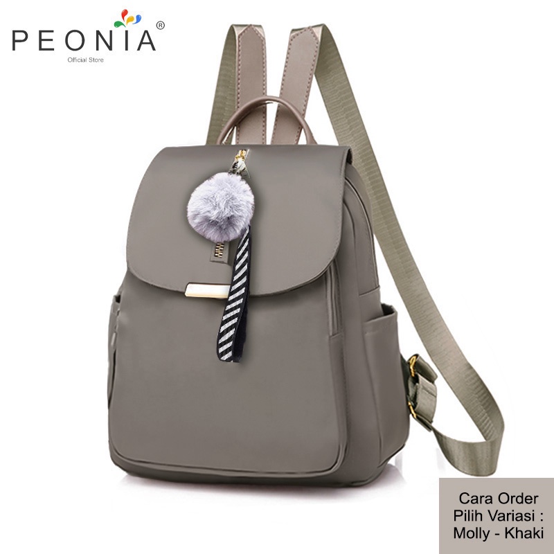 Peonia PNA MOLLY POM Water Resistant Ransel Korea Tas Wanita Punggung Import Kantor Kerja Sekolah Kuliah Outdoor Trendy Fashion Style Travel Casual Backpack Anak Remaja Perempuan Selempang Cewek Bag-Khaki
