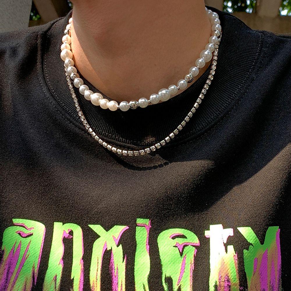 Mxbeauty Male Neckalce Elegan Vintage Mutiara Double-Layer Choker Beads Fashion Perhiasan