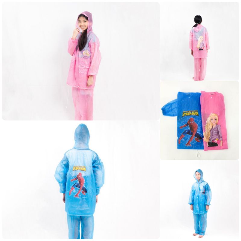 Jas Hujan Anak Remaja Setelan Jaket Celana SD/SMP Karakter Barbie-Spiderman Y838 - Mantel Mantol Anak Remaja Tanggung