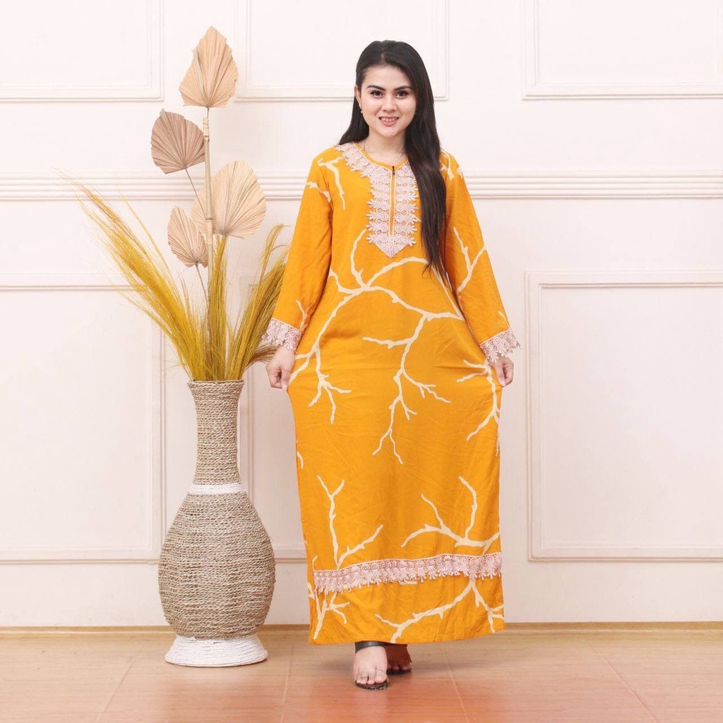 Batik Prass - Daster Arab Elmeera / Longgdress Renda / Rayon Grade A Lengan Panjang-AKAR KUNING