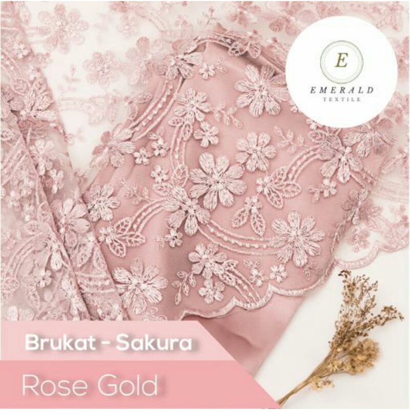 SETENGAH METER Kain Brokat Tile Prancis Bahan Kebaya Motif Sakura - Rose Gold ( HARGA PER 50cm KAIN )