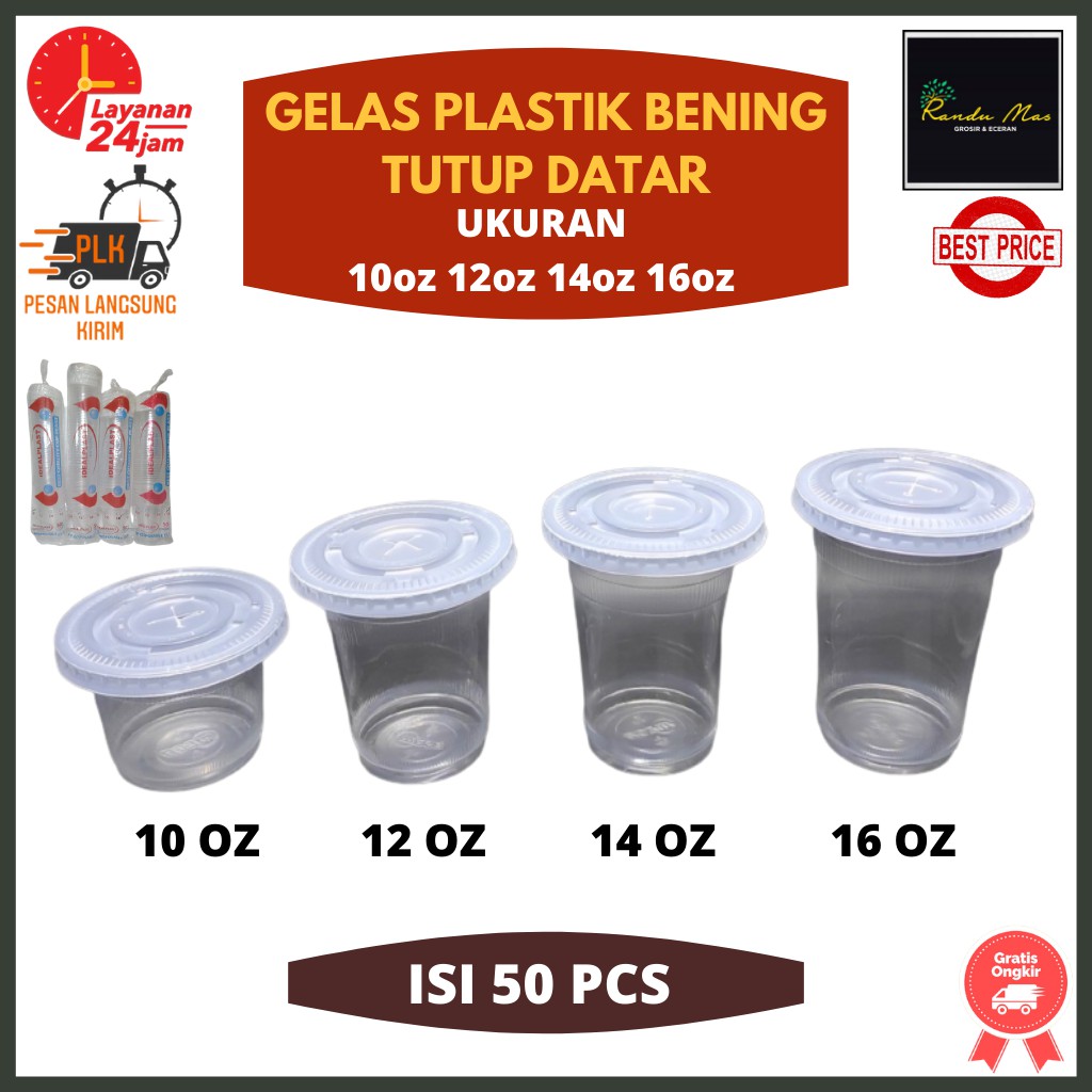 Gelas Plastik Bening Isi 50Pcs 10oz,12oz,14oz,16oz Cup Plastik Minuman Tutup Datar Pop Ice Jus Murah