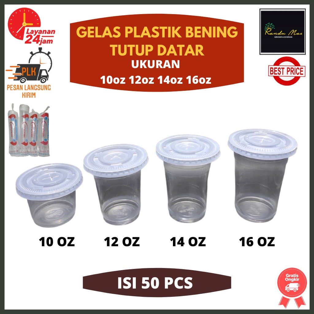 Jual Gelas Plastik Bening Isi 50pcs 10oz12oz14oz16oz Cup Plastik Minuman Tutup Datar Pop Ice 1560