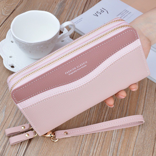 DOMPET WANITA 2 RESLETING WA122P3 LASSA KULIT PINK PREMIUM PESTA PANJANG IMPORT KOREA TALI MURAH ABG