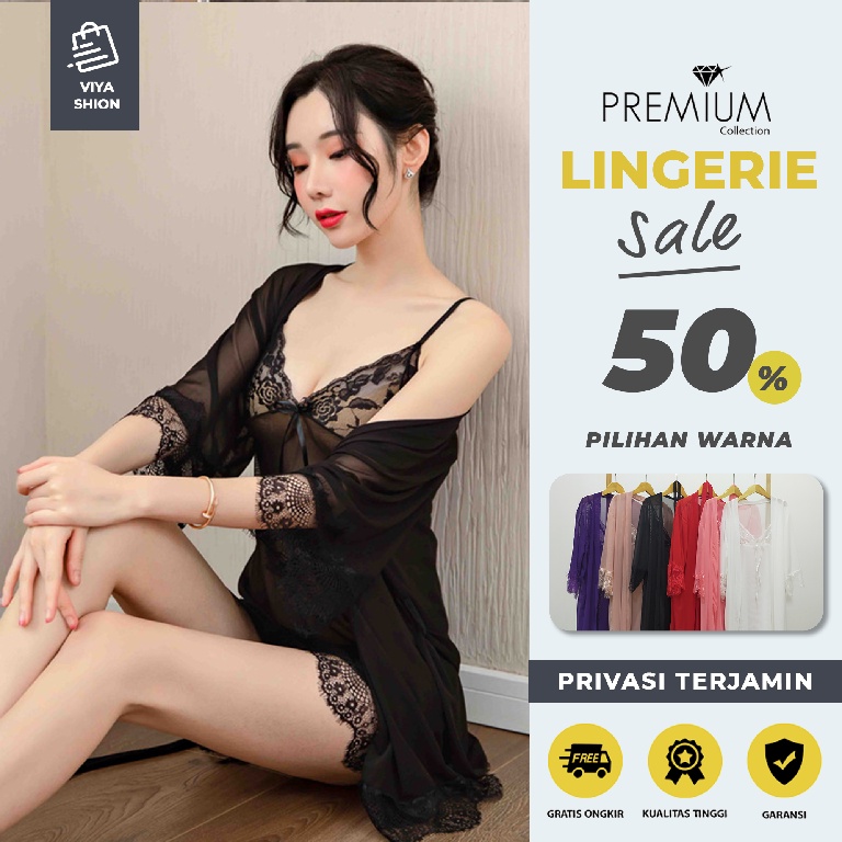 Lingeri Baju Tidur Set Dress Piyama Gaun Lingerie Sexy Wanita Seksi Cosplay Hot Dewasa Cantik Menarik Hitam Premium-All Size Black