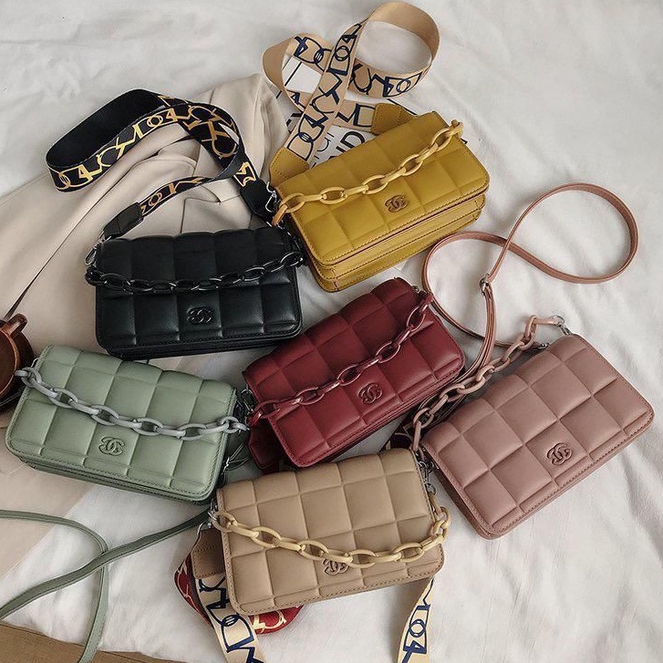 BJ7688 - BLACK/GREEN/KHAKI/PINK/RED/YELLOW TAS SLEMPANG WANITA MOTIF KOTAK TAS PESTA CLUTCH KULIT SINTETIS TALI RANTAI MODEL CHAIN TAS WANITA FASHION IMPORT TERMURAH TERLARIS TERBARU BAGSTORE JAKARTA TAS BATAM CR7353 LT1137 ELJ5097 JT3136 BQ2976