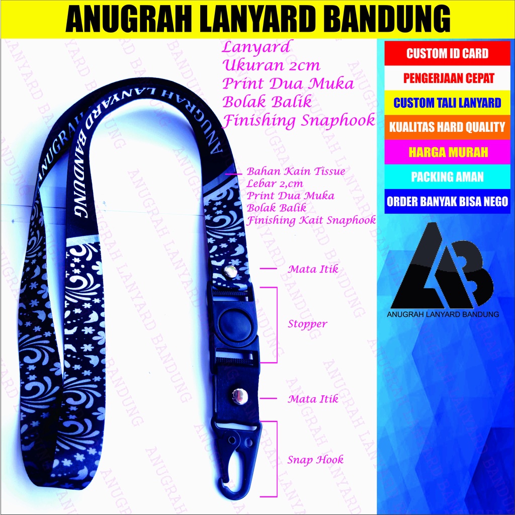 

Tali lanyard Printing 2 cm 2 sisi SNAPHOOK/cetak tali lanyard printing cantelan snaphook