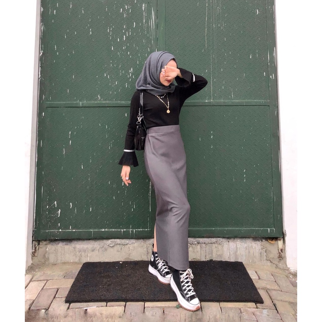 ROK SPAN PANJANG SCUBA / ROK SPAN / ROK PENSIL SCUBA-Grey belahan