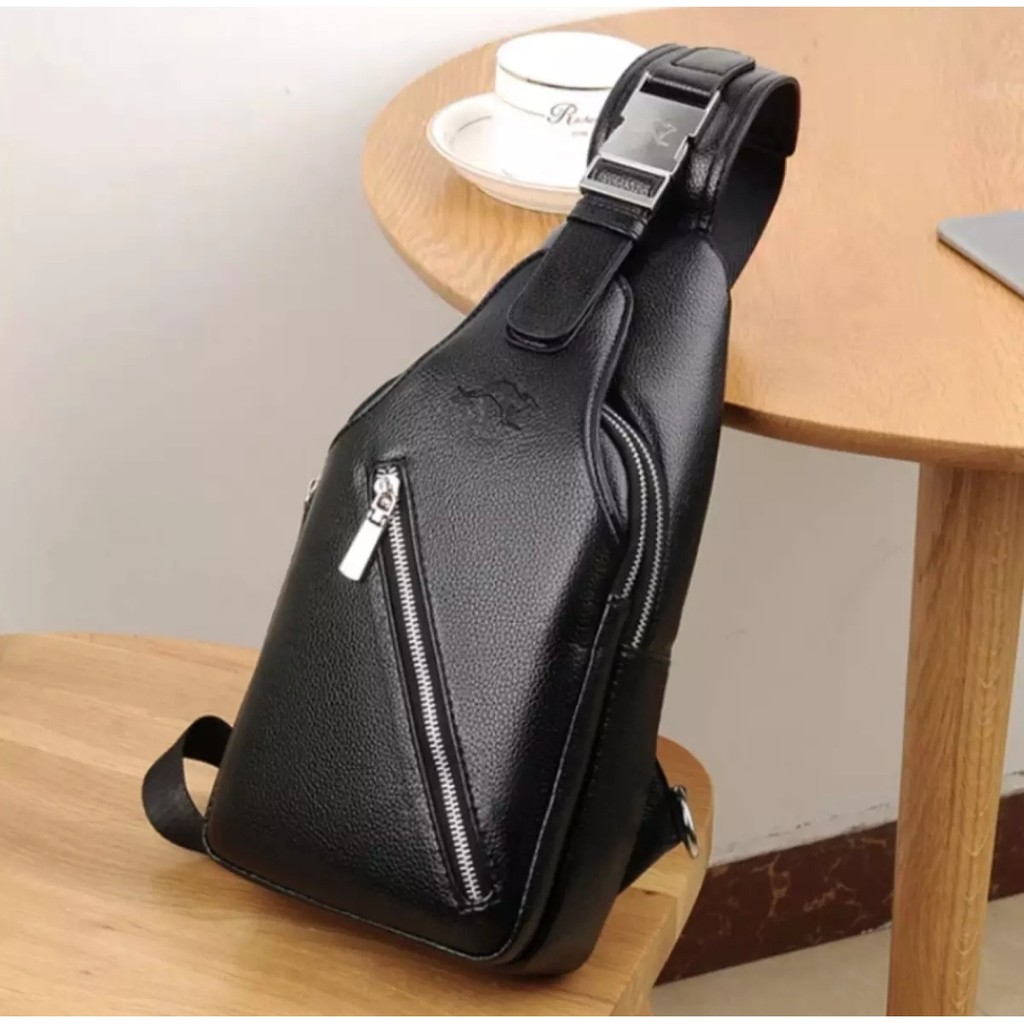 Tas Selempang Pria Kulit Murah Anti Air - James Bag Hitam bonus Dompet + Jam Tangan LED/Headset