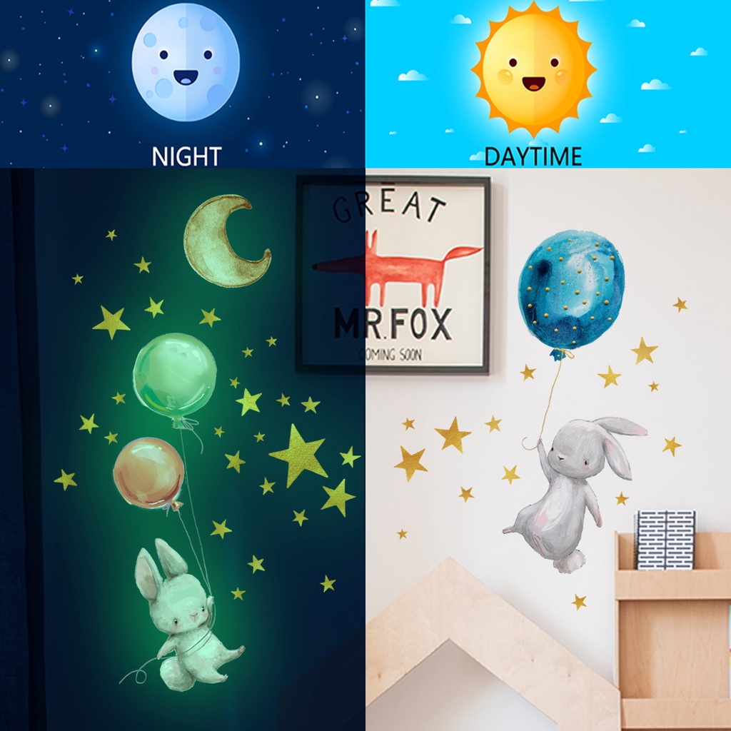 Stiker Dinding Luminous Motif Kelinci Balon Bintang Tahan Air Dapat Dilepas Untuk Dekorasi Kamar Tidur