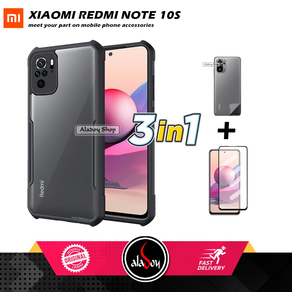 Case XIAOMI REDMI NOTE 10S Armor Fushion Transparent Casing + Tempered Glass Full Layar dan Skin Carbon