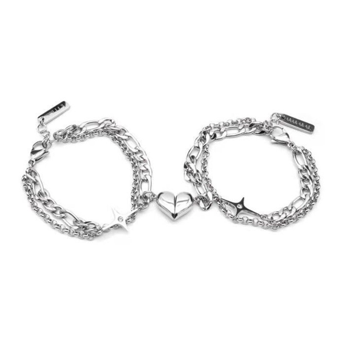 2pcs / set Gelang Tangan Rantai Silver Wanita Desain Hati / Bintang Gaya Vintage