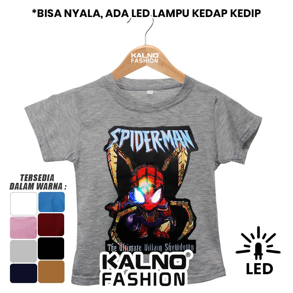 Baju anak cowo cewe karakter SPIDRMAN umur 1 - 7 tahun SP446 LED Random Ukuran S M L XL Bahan Katun polyester