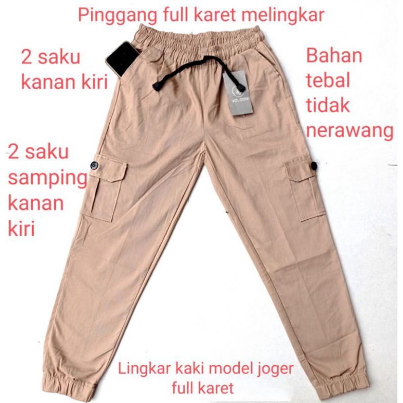 Celana Cargo Wanita Joger Pant Panjang full karet bahan Katun Twiil Tebal Melar