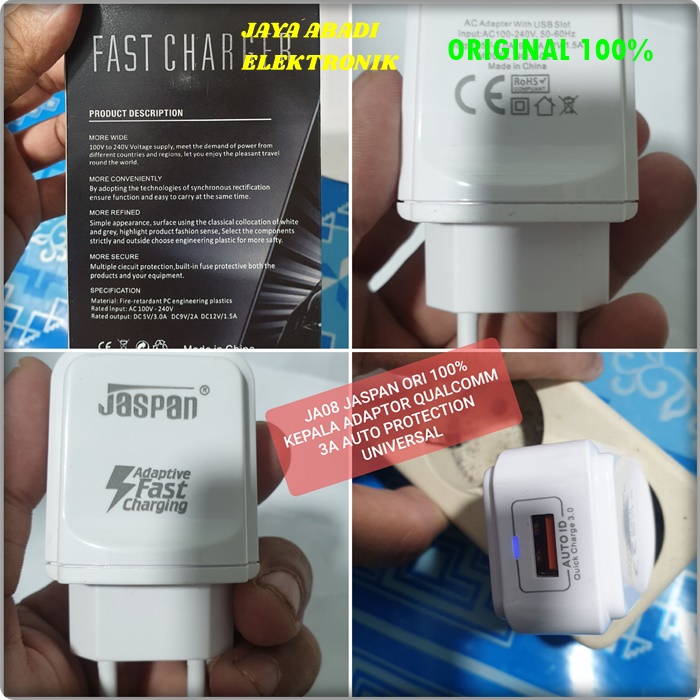 J08 JASPAN 3A BATOK KEPALA CHARGER SUPPORT FAST CHARGING AUTO ID ADAPTOR POWER adaptive fast charging 3A usb charger auto cas casan quick batok travel adapter smart power hp handphone androit universal multi original volt gadget BISA SEGALA JENIS HP