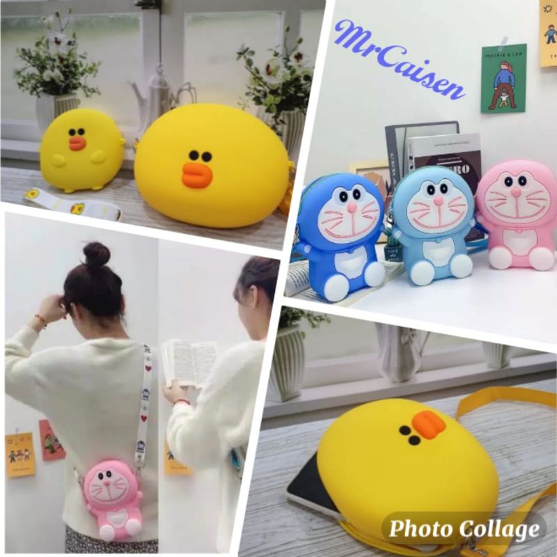 Mrcaisen Tas selempang rubber jelly anak dewasa karakter jumbo lucu HP bebek doraemon sally duck