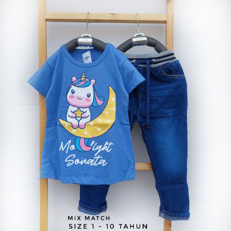 Baju Setelan Anak Perempuan MixMatch Kaos Motif Unicorn dan Tabina Jeans usia 2 tahun hingga 10 tahun