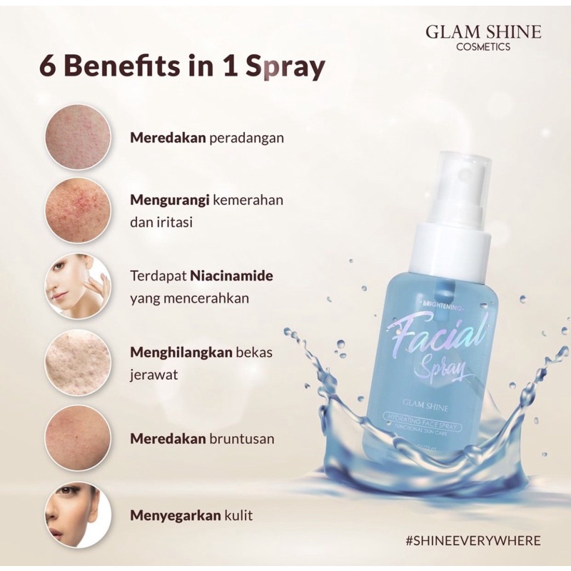 【Official Agent】GLAMSHINE SKINCARE Brightening Facial Spray Face Mist Essential Water Kulit Wajah Sensitif Melembabkan Meredakan Peradangan Antioksidan Primer Makeup Setting Spray Makeup Tahan Lama Pencerah Pemutih Wajah Glowing Whitening Viral BPOM