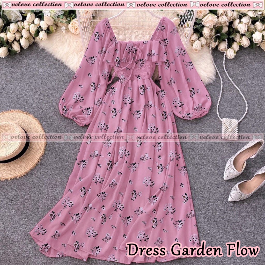 JONKA FASHION - Dress Sora Flower Fashion Wanita Gaya Vintage Dress Casual Terbaru-6164 Dusty Flow