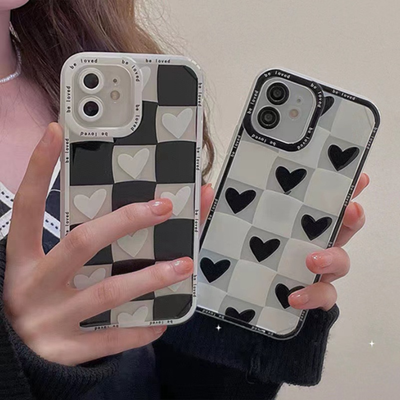Casing Soft Case Compatible for iPhone 14 13 12 11 Pro Max X Xr Xs Max iPhone 8 7 6 6s Plus  SE 2020 Trendy Lattice Love Side Soft Silicone Phone Case Anti-drop Lens Protective Cover