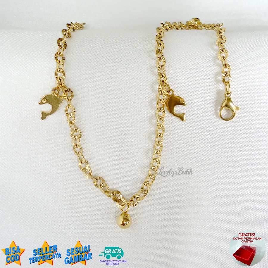 Lovelybutik Gelang Kaki Dewasa Titanium Anti Karat Dolphin Dolpin Gelang Kaki Wanita Titanium Rantai Nori Donat Ukuran 27 Cm BONUS TEMPAT PERHIASAN