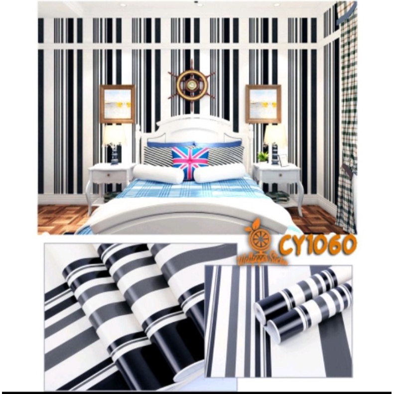 Wallpaper Stiker Dinding CY1060 Ukuran 8-9 Meter Motif Salur Putih Hitam Termurah Sudah Ada Lemnya