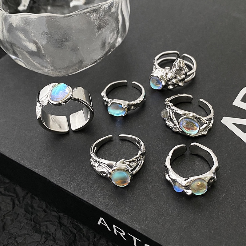 Cincin Jari Telunjuk Model Terbuka Desain Geometri Asimetris Aksen Moonstone Gaya hip hop Untuk Wanita