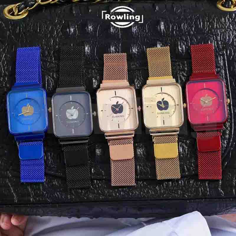 Rowling ( Jam- 23) Jam Tangan Analog Kotak Dunking Strap Stainless Steel  Gesper Magnet Untuk Wanita Import TANPA ACCESORIS