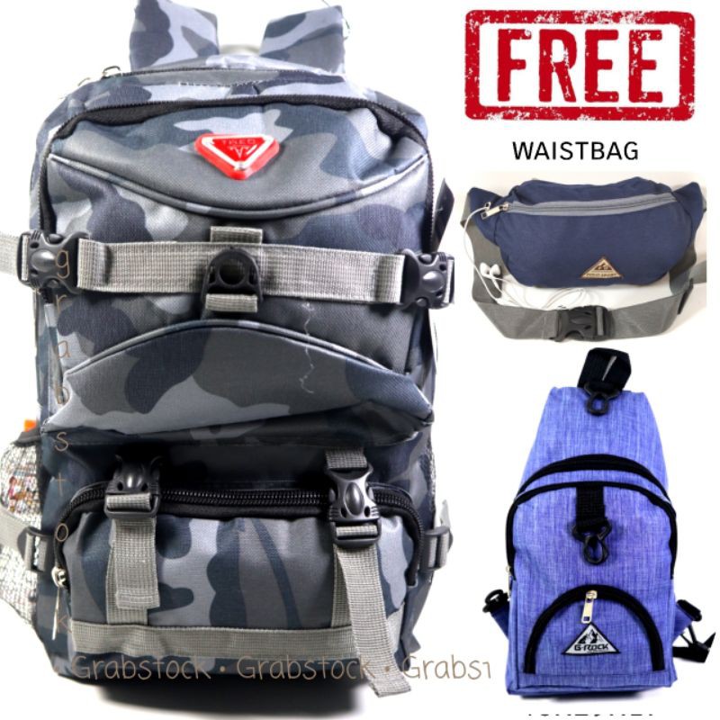 Promo Beli 1 Dapat 3 Tas Ransel Slingbag Waistbag Doreng Abu