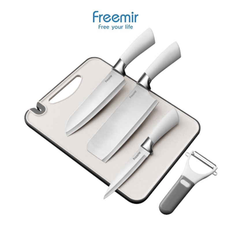 Premium (Mount) freemir 5 PCS Set Pisau Dapur Warna Putih Set Talenan Peeler Pisau Buah Pisau Daging