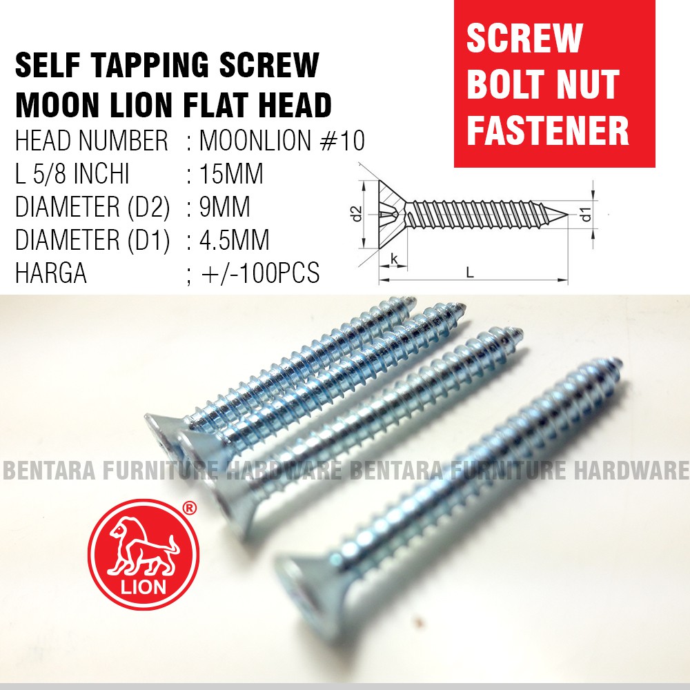 100 x Moon Lion Skrup #10 x 15MM - Self Tapping Flat Head Screw (Skrup Lion #10X 5/8&quot;)