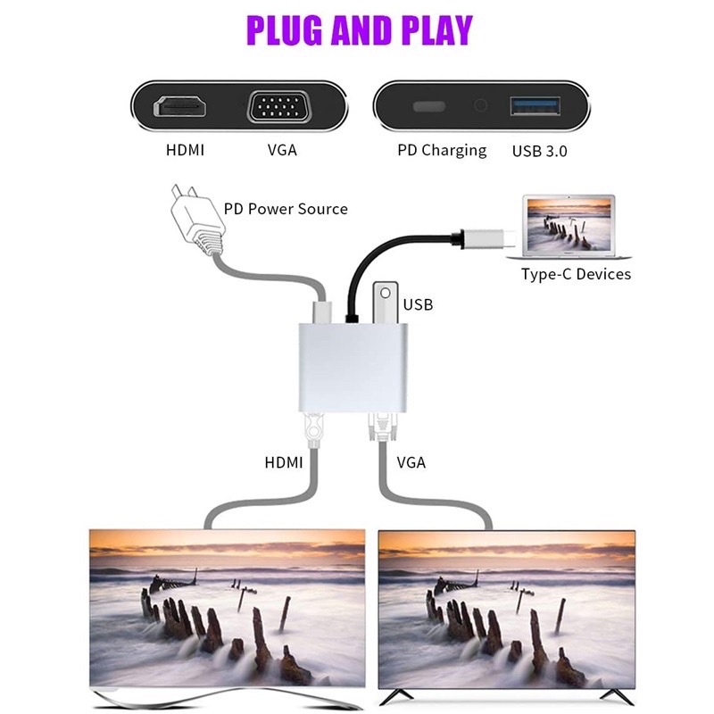 usb type c to hdmi vga usb 3.0 pd 4 in 1-type c to tv projektor