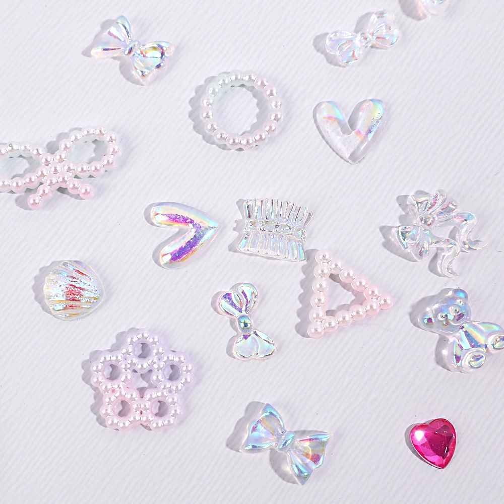 1 Kotak Stiker Kristal Berlian Imitasi AB 3D Aksen Pita Mutiara Campuran Untuk Dekorasi Nail Art