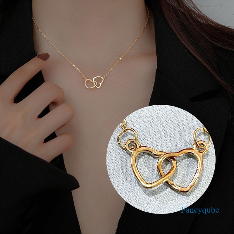 Kalung Rantai Klavikula Bahan 925 Sterling Silver Bentuk Hati Ganda Aksen Zirkon Untuk Wanita