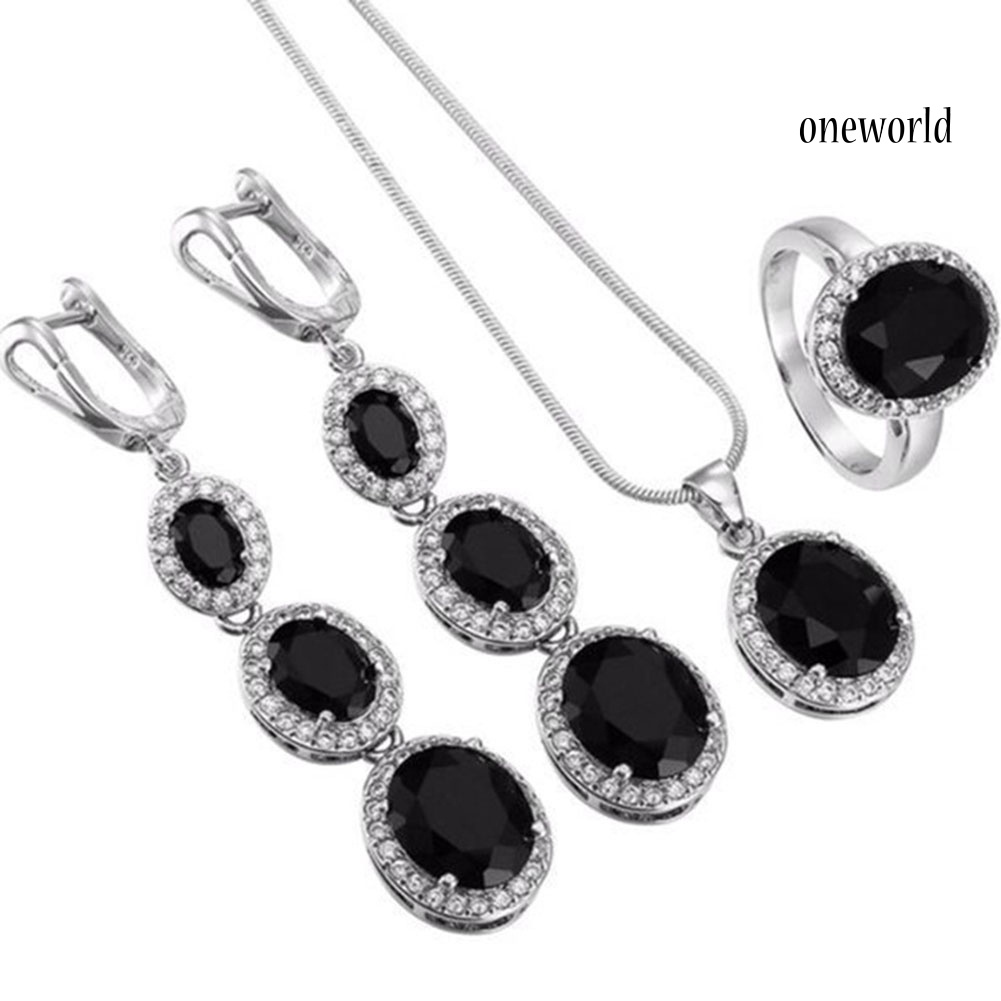 OW@ Elegant Women Round Rhinestone Pendant Chain Necklace Earrings Ring Jewelry Set