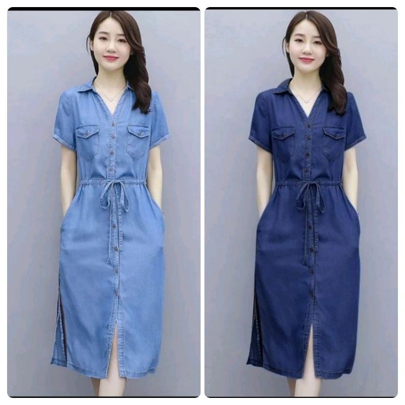 KEMEJA TUNIK JEANS WANITA LENGAN PENDEK DENGAN 4 KANTONG