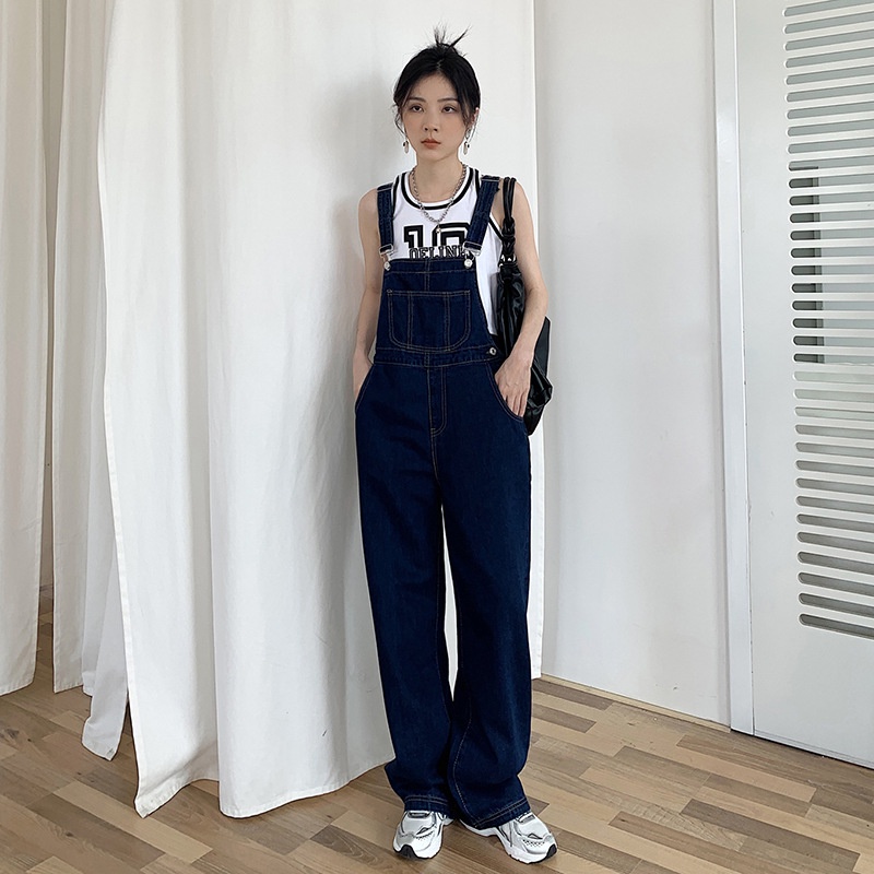 Jumpsuit Celana Lebar Kaki Overall denim panjang Tali Ikat Celana Wanita Tinggi Pinggang Longgar dan Melangsingkan Denim Suspender Celana Wanita