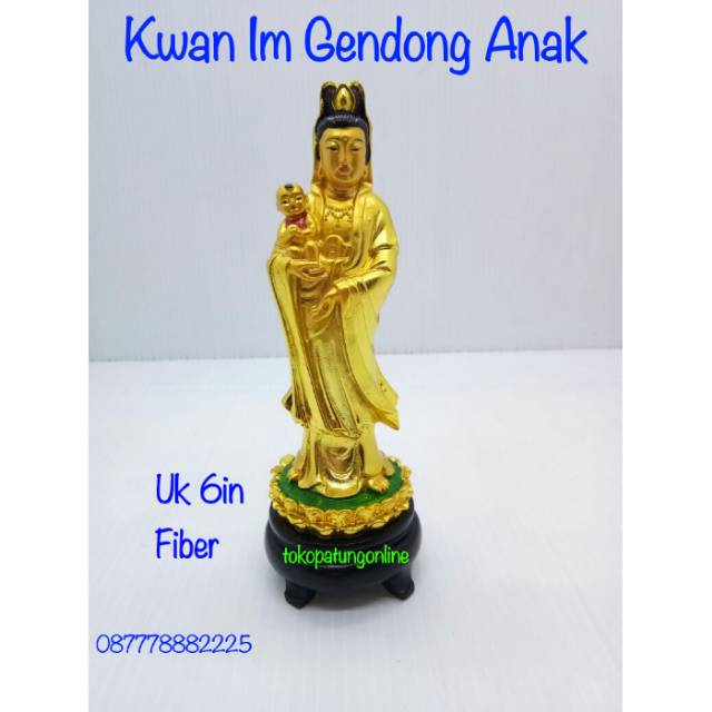 Patung Kwan Im Gendong Anak Fiber Emas Uk 6in