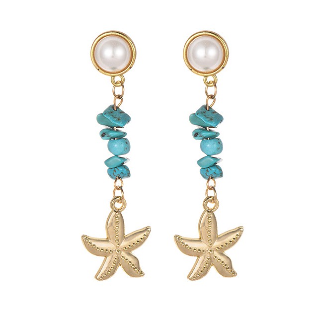 LRC Anting Tusuk Fashion Gold Alloy Turquoise Starfish Earrings F40558