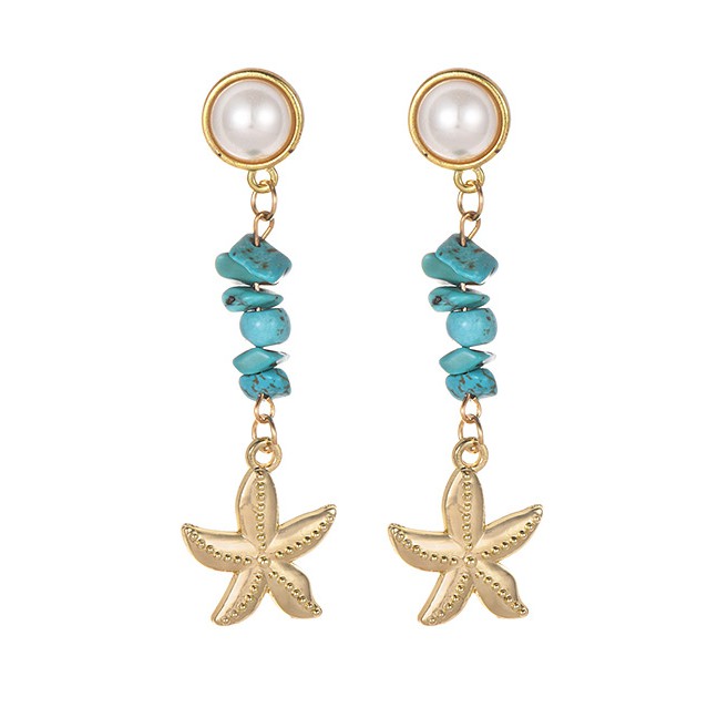 LRC Anting Tusuk Fashion Gold Alloy Turquoise Starfish Earrings F40558