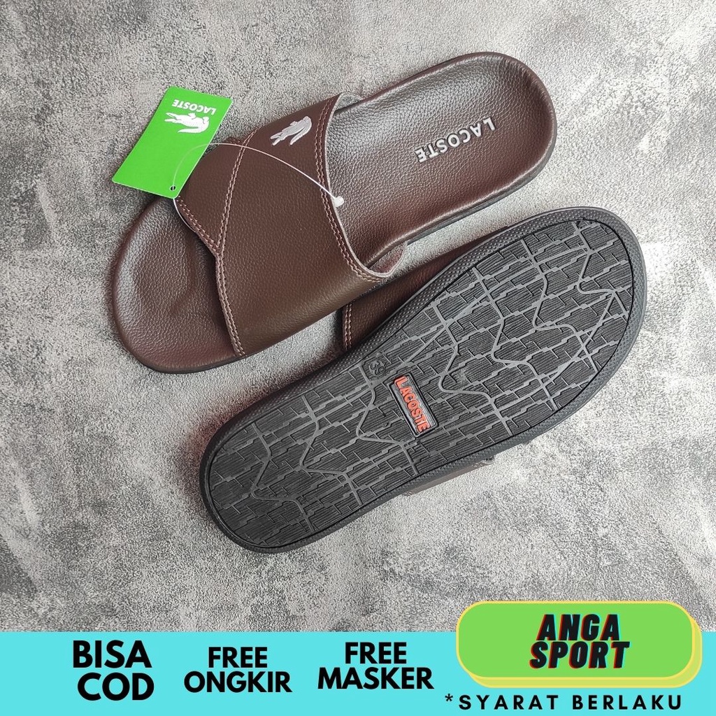 SANDAL PRIA SLIDE LACOSTE CROCO COKLAT PREMIUM  / SANDAL SLOP COWOK SEMI KULIT CASUAL / SENDAL SELOP SANTAI DEWASA KEREN SIZE 39-43