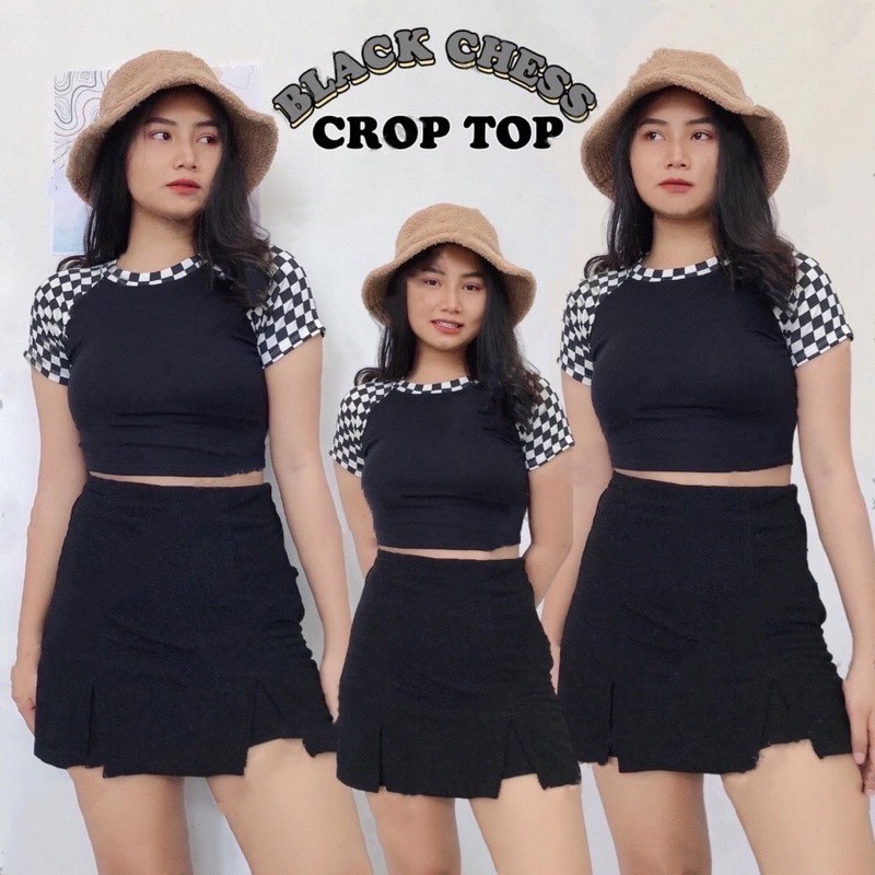 IL - Black Chess Crop Top Rib Checker Catur Combination / Crop Tee Korean Style