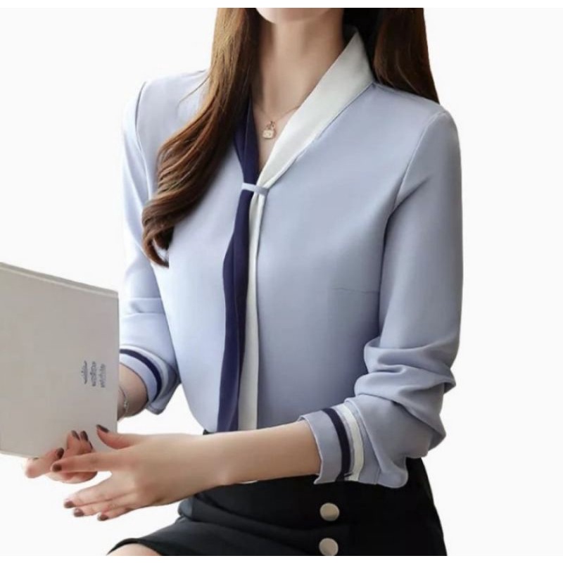 Blouse Wanita Blus Kerja Kantor Lengan Panjang Putih Polos Variasi Syal Leher Korean Style - ARRA-3