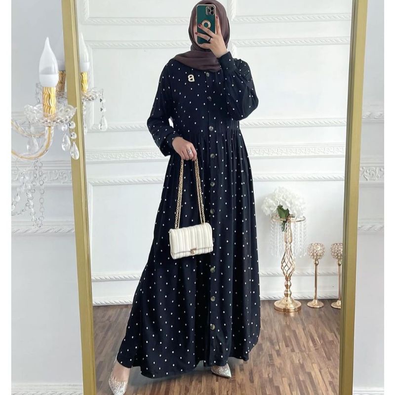 Gamis Jumbo / Dress Muslim wanita / Maxy dress muslim / Gamis Wanita busui friendly-Dress polka hitam