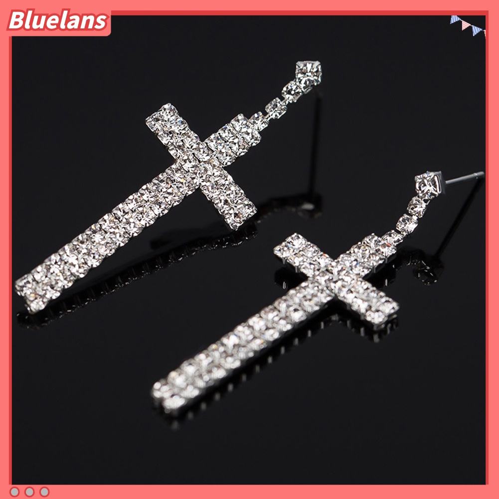 Bluelans Women Rhinestone Cross Pendant Single Double Rows Dangle Eardrop Stud Earrings