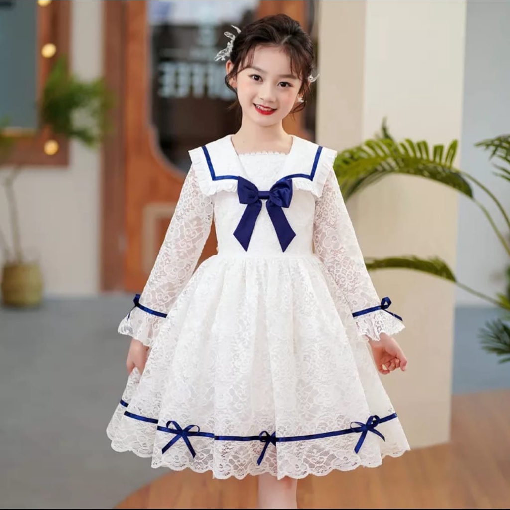 QFS - KIDS DRESS MEGAN WHITE  / KOREA / TERLARIS / DRESS BRUKAT / RIBBON / TERBARU / TERPOPULER