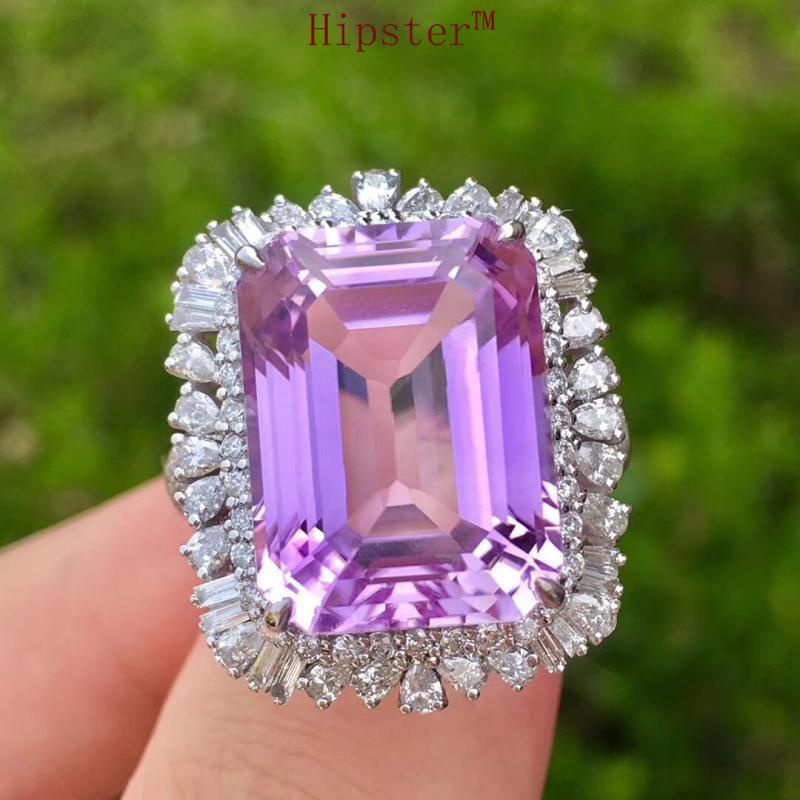 Natural Pink Amethyst Ring 18K White Gold Diamond Fashion Luxury Jewelry Pendant Necklace