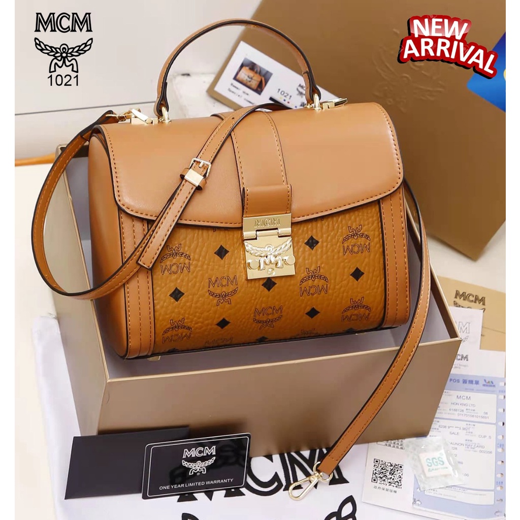 OS_ID MCM TRACY VISETOS SATCHEL BAG COGNAC (1021) Top Handle Munchen High Quality Platinum Material 